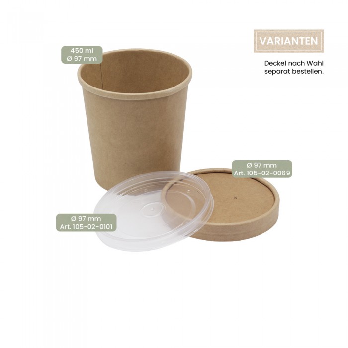 BIO Speisenbecher und Suppenbecher aus Papier für Kaltes & Warmes 450 ml mit Papier-Deckel und PP-Deckel