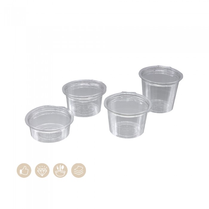Dressingbecher - Saucenbecher mit anhängendem Deckel (PET), 102-01-0241, 102-01-0243, 102-01-0250, 102-01-0253