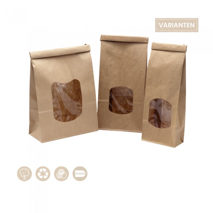BIO Blockbodenbeutel mit Fenster aus Papier 200-07-0072, 200-07-0073, 200-07-0115