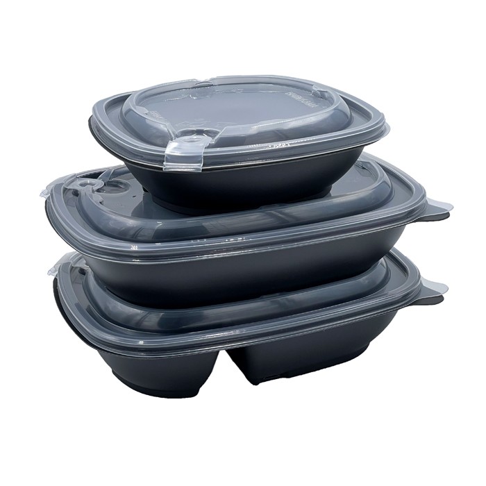 gestapelte Mehrweg Schalen mit Deckel, PP, 500ml, 900ml, 650+250ml; 104-76-0001, 104-76-0003, 104-76-0002