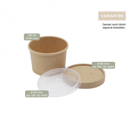 BIO Speisenbecher und Suppenbecher aus Papier für Kaltes & Warmes 225 ml mit Papier-Deckel und PP-Deckel
