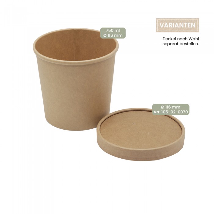 BIO Speisenbecher und Suppenbecher aus Papier für Kaltes & Warmes 750 ml mit Papier-Deckel