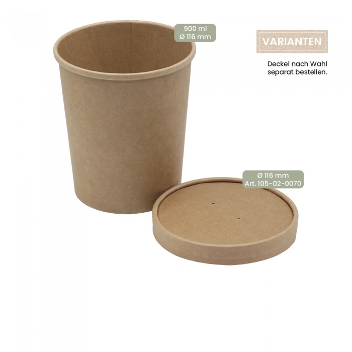 BIO Speisenbecher und Suppenbecher aus Papier für Kaltes & Warmes 900 ml mit Papier-Deckel und PP-Deckel
