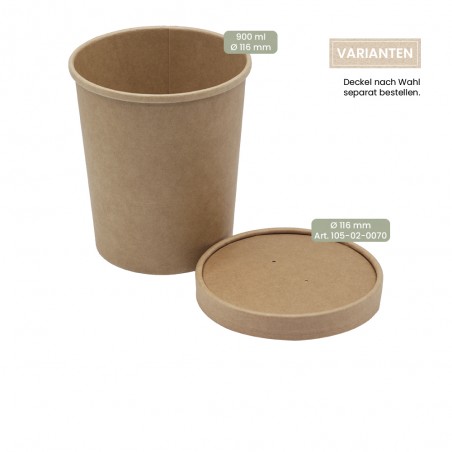 BIO Speisenbecher und Suppenbecher aus Papier für Kaltes & Warmes 900 ml mit Papier-Deckel und PP-Deckel