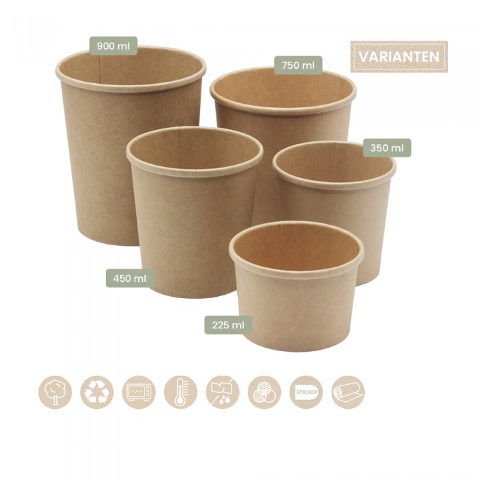 BIO Speisenbecher und Suppenbecher aus Papier für Kaltes & Warmes in fünf verschiedenen Größen
