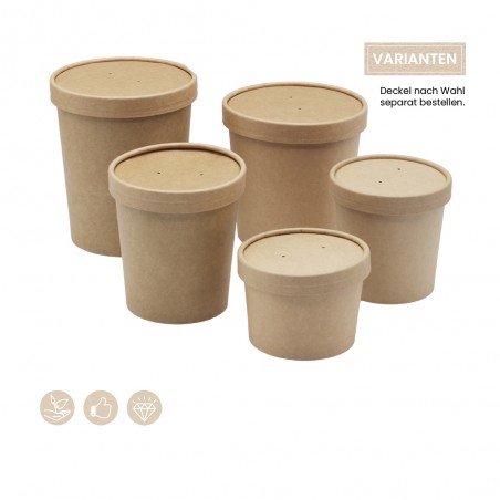 BIO Speisenbecher und Suppenbecher aus Papier für Kaltes & Warmes in fünf verschiedenen Größen
