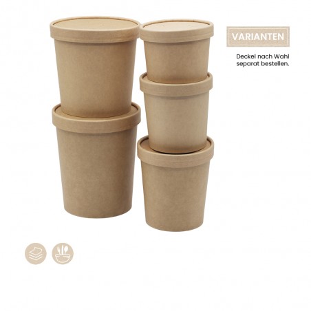 BIO Speisenbecher und Suppenbecher aus Papier für Kaltes & Warmes in fünf verschiedenen Größen